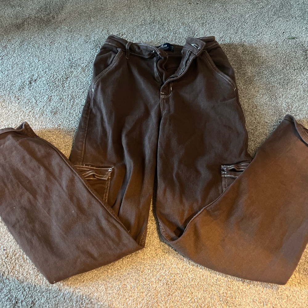 Brown cargo pants wide-leg pants with multiple pockets